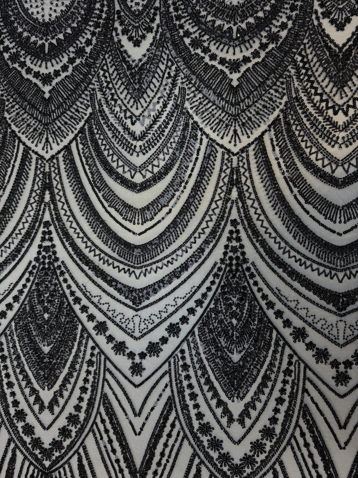 Luxury Black Sequin Embroidered Tulle Fabric – Haute Couture Evening & Bridal Wear (1 Piece = 4 Meter)