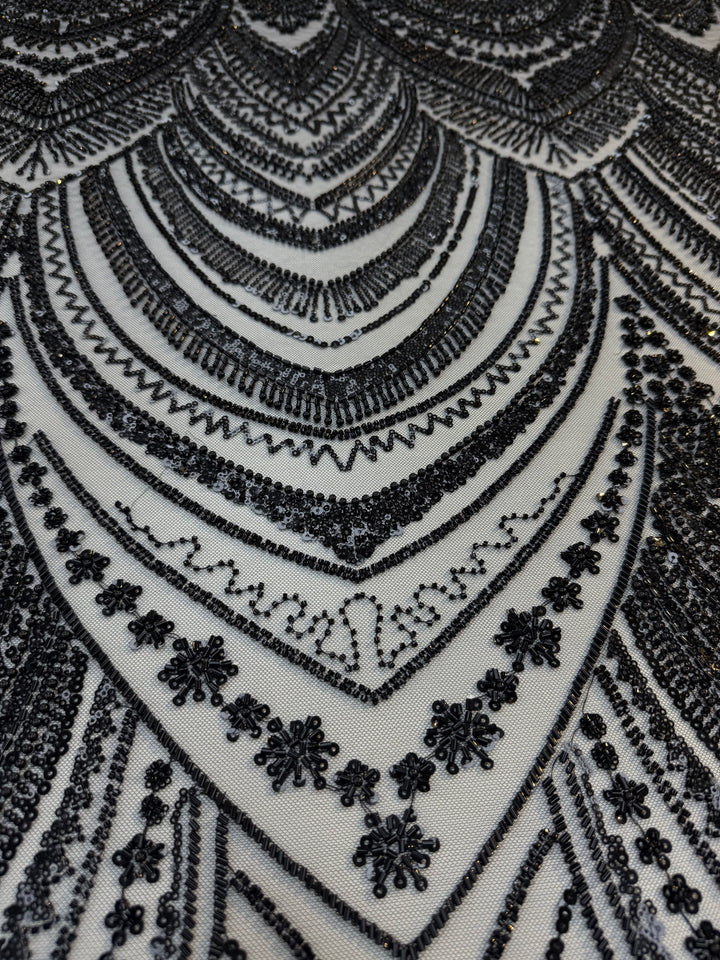 Luxury Black Sequin Embroidered Tulle Fabric – Haute Couture Evening & Bridal Wear (1 Piece = 4 Meter)