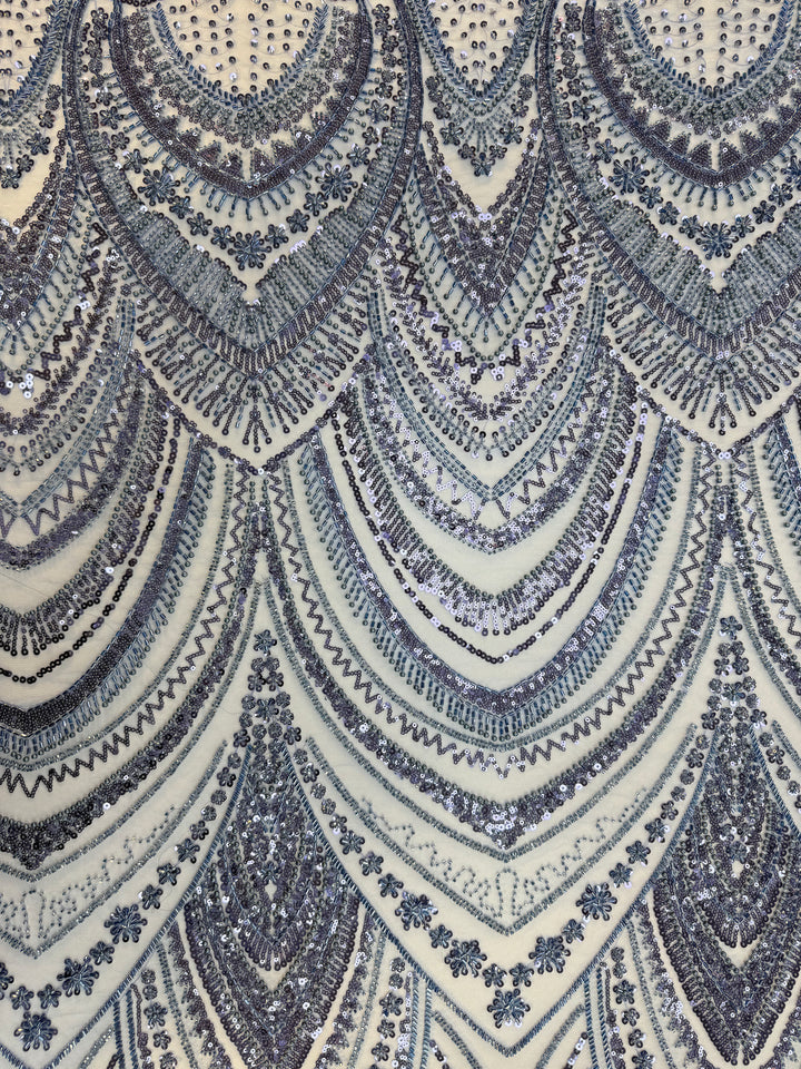 Luxury Blue & Silver Sequin Embroidered Tulle Fabric – Couture Gowns & Evening Wear ( 1 Piece = 2 Meter) - Last Piece