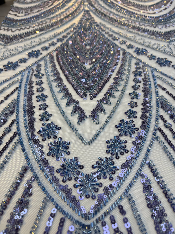 Luxury Blue & Silver Sequin Embroidered Tulle Fabric – Couture Gowns & Evening Wear ( 1 Piece = 2 Meter) - Last Piece