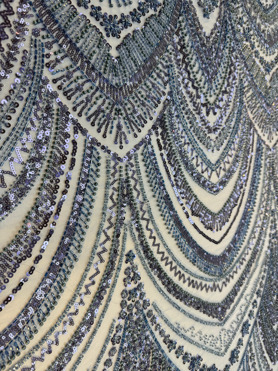 Luxury Blue & Silver Sequin Embroidered Tulle Fabric – Couture Gowns & Evening Wear ( 1 Piece = 2 Meter) - Last Piece