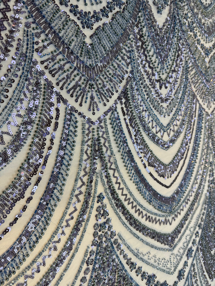 Luxury Blue & Silver Sequin Embroidered Tulle Fabric – Couture Gowns & Evening Wear ( 1 Piece = 2 Meter) - Last Piece