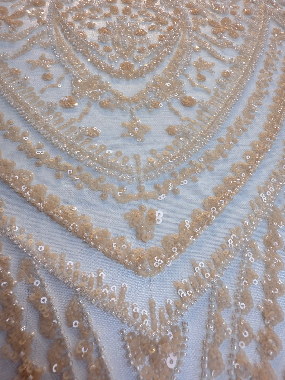 Light Peach Sequin & Beaded Embroidered Fabric ( 1 Piece = 3 Meter)
