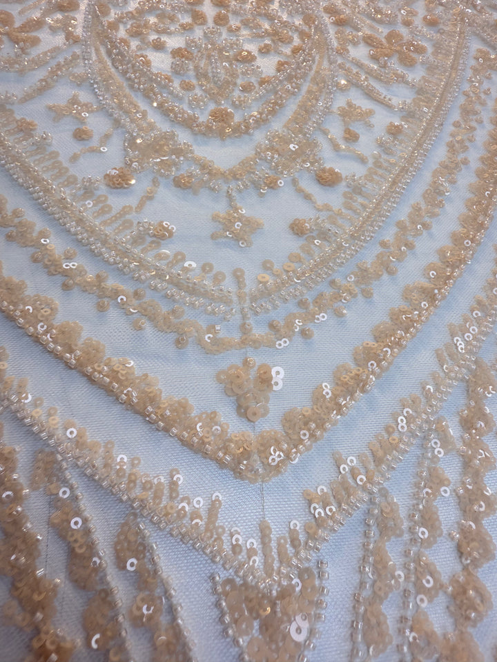 Light Peach Sequin & Beaded Embroidered Fabric ( 1 Piece = 3 Meter)