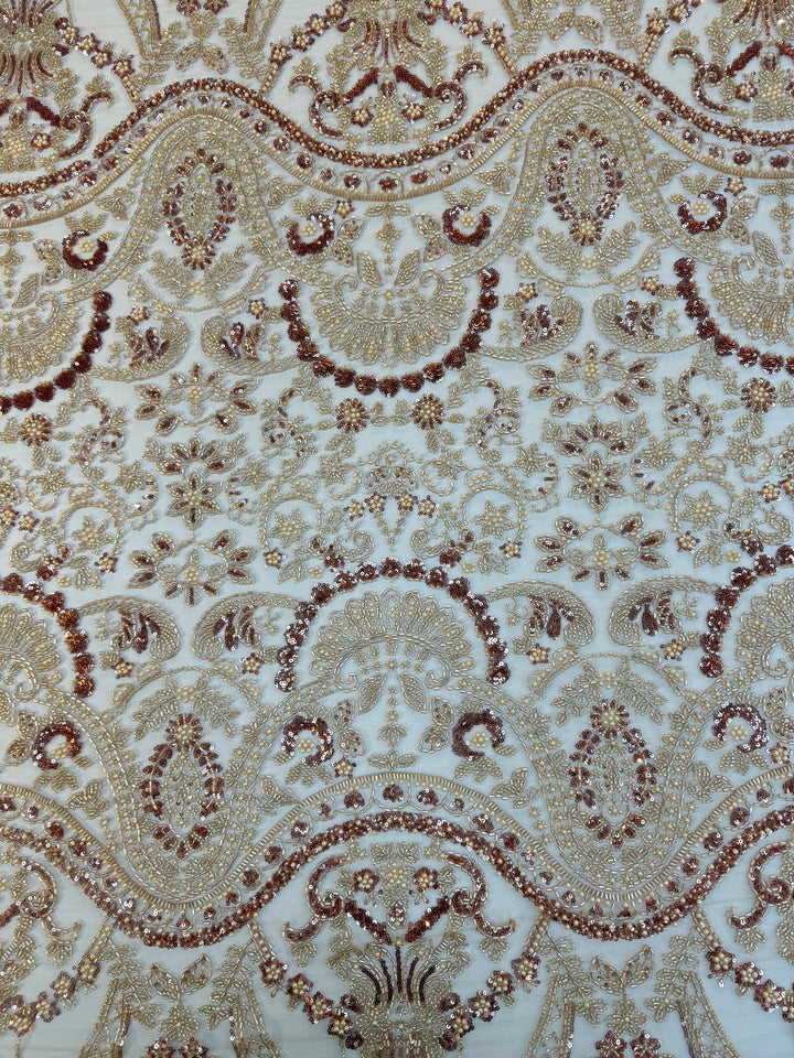 0Luxury Gold & Rose Gold Beaded Embroidered Tulle Fabric – Couture Bridal & Evening Wear