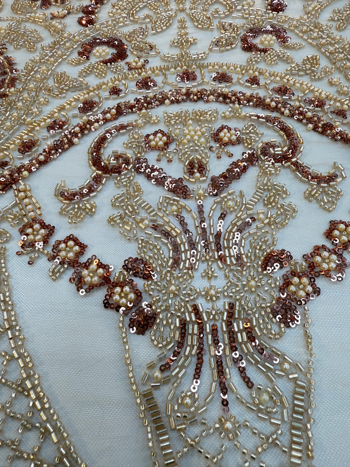 0Luxury Gold & Rose Gold Beaded Embroidered Tulle Fabric – Couture Bridal & Evening Wear