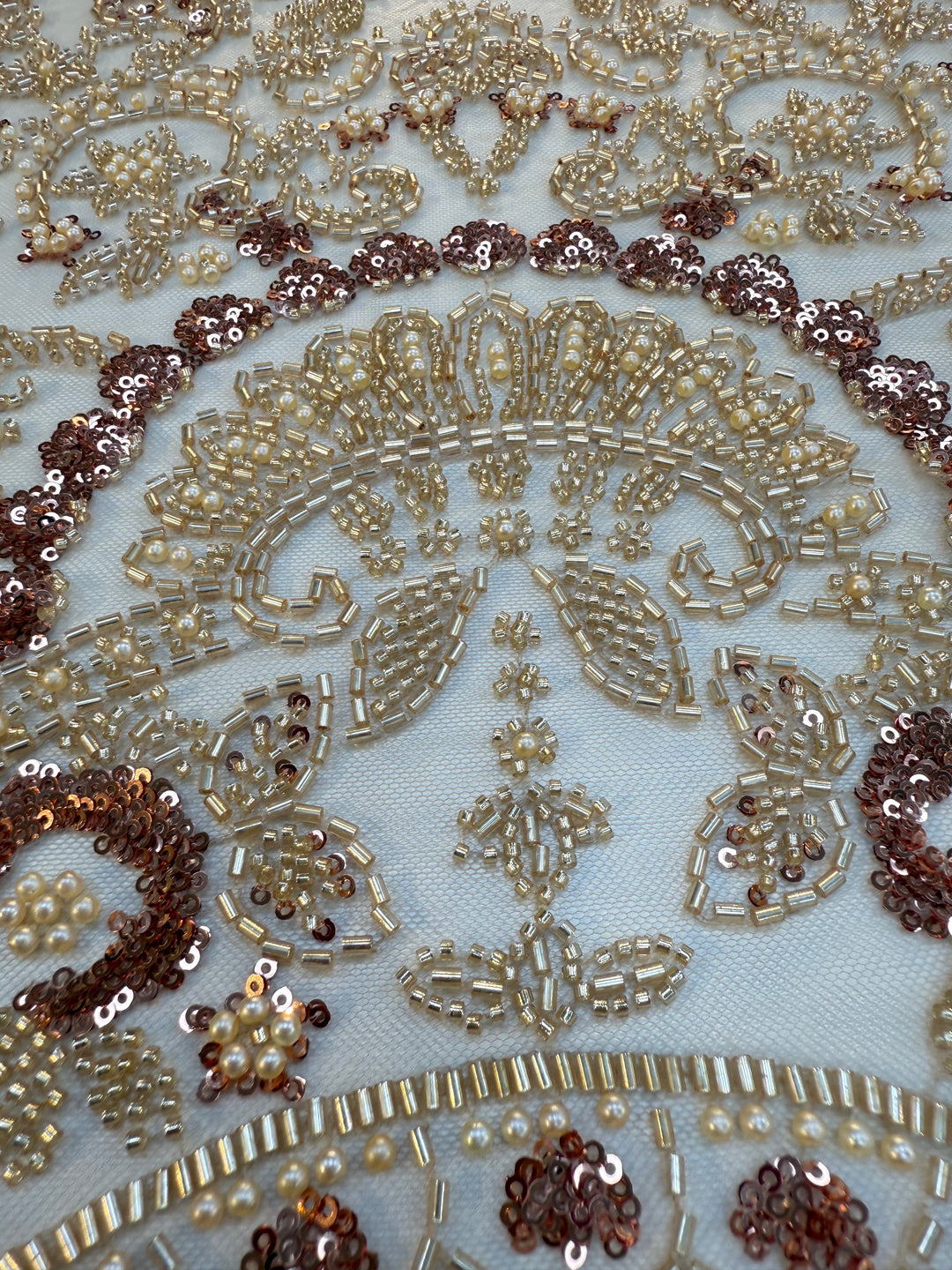 0Luxury Gold & Rose Gold Beaded Embroidered Tulle Fabric – Couture Bridal & Evening Wear