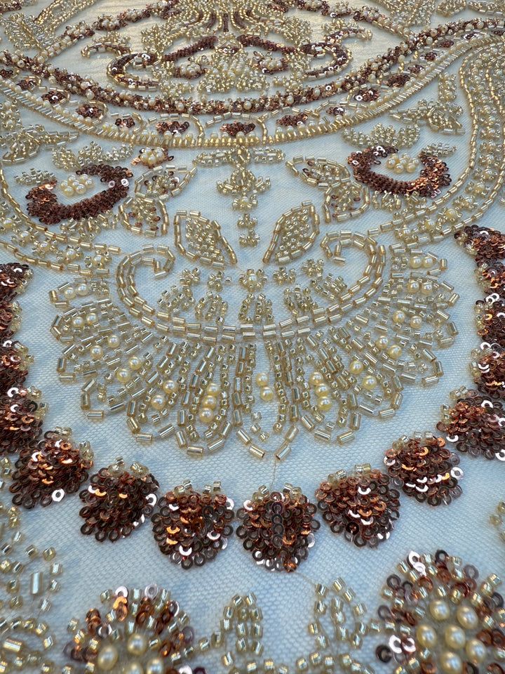 0Luxury Gold & Rose Gold Beaded Embroidered Tulle Fabric – Couture Bridal & Evening Wear