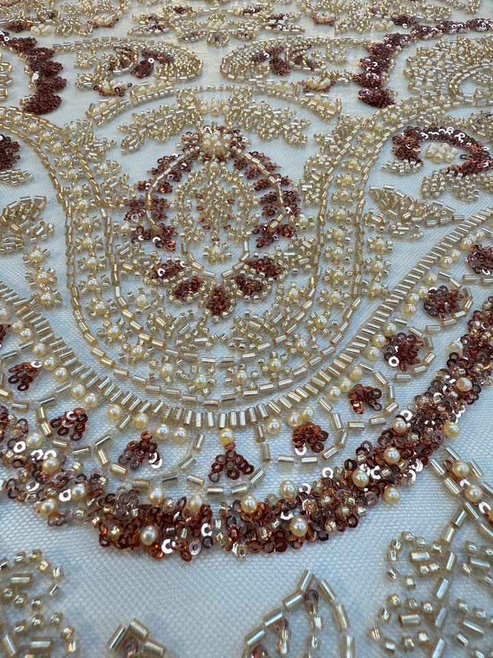 0Luxury Gold & Rose Gold Beaded Embroidered Tulle Fabric – Couture Bridal & Evening Wear