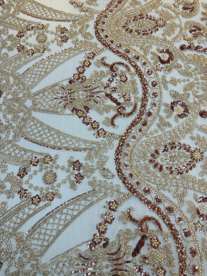 0Luxury Gold & Rose Gold Beaded Embroidered Tulle Fabric – Couture Bridal & Evening Wear