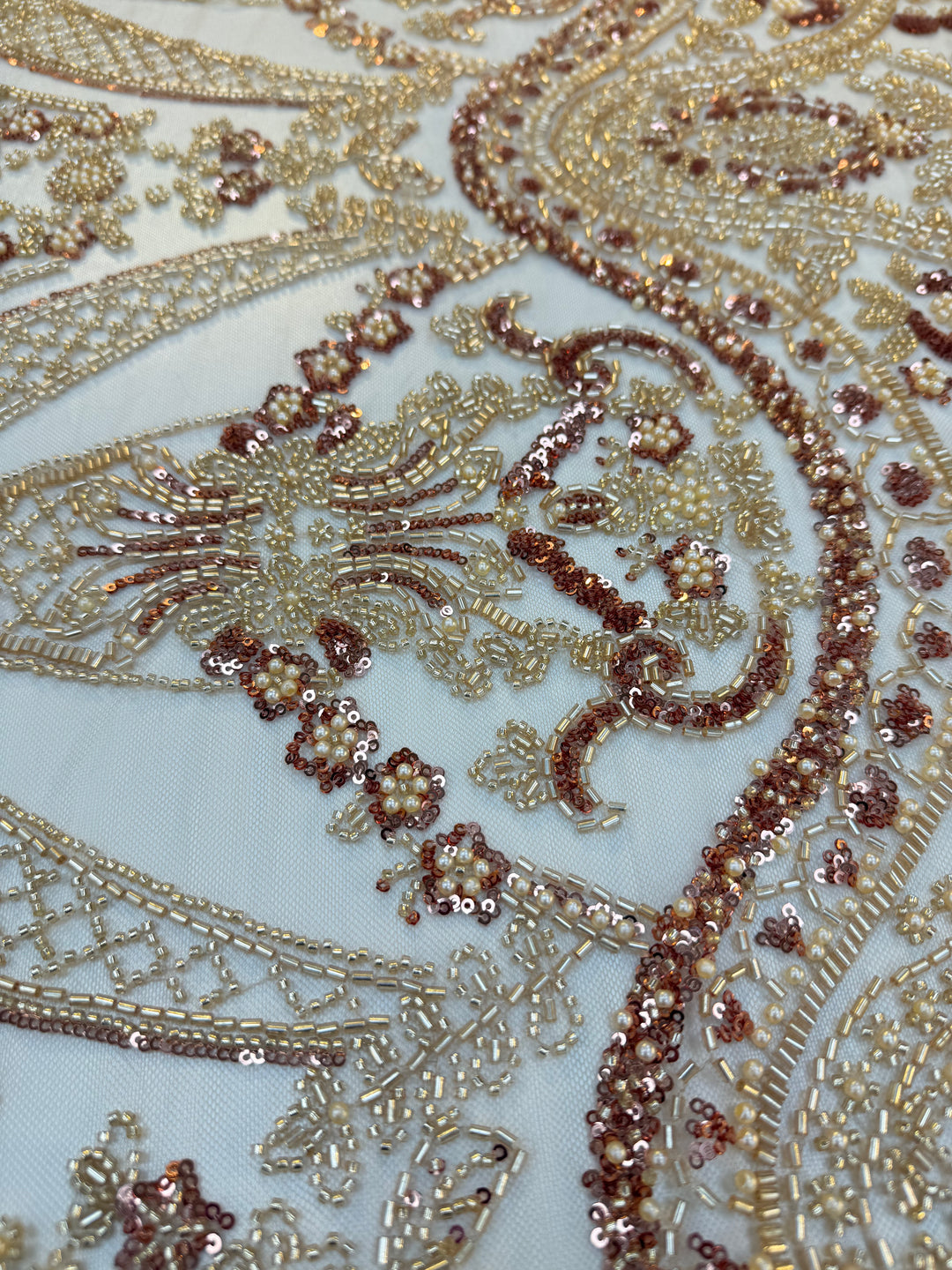 0Luxury Gold & Rose Gold Beaded Embroidered Tulle Fabric – Couture Bridal & Evening Wear