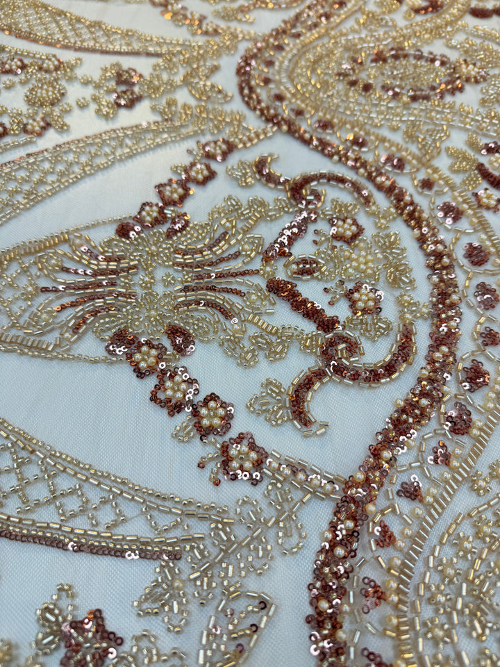 0Luxury Gold & Rose Gold Beaded Embroidered Tulle Fabric – Couture Bridal & Evening Wear