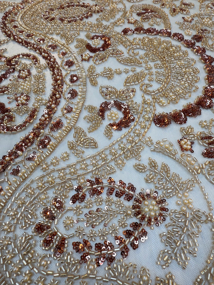 0Luxury Gold & Rose Gold Beaded Embroidered Tulle Fabric – Couture Bridal & Evening Wear