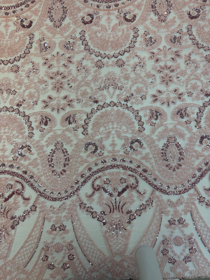 Luxury Light Pink Beaded & Sequin Embroidered Tulle Fabric – Haute Couture Bridal & Evening Wear