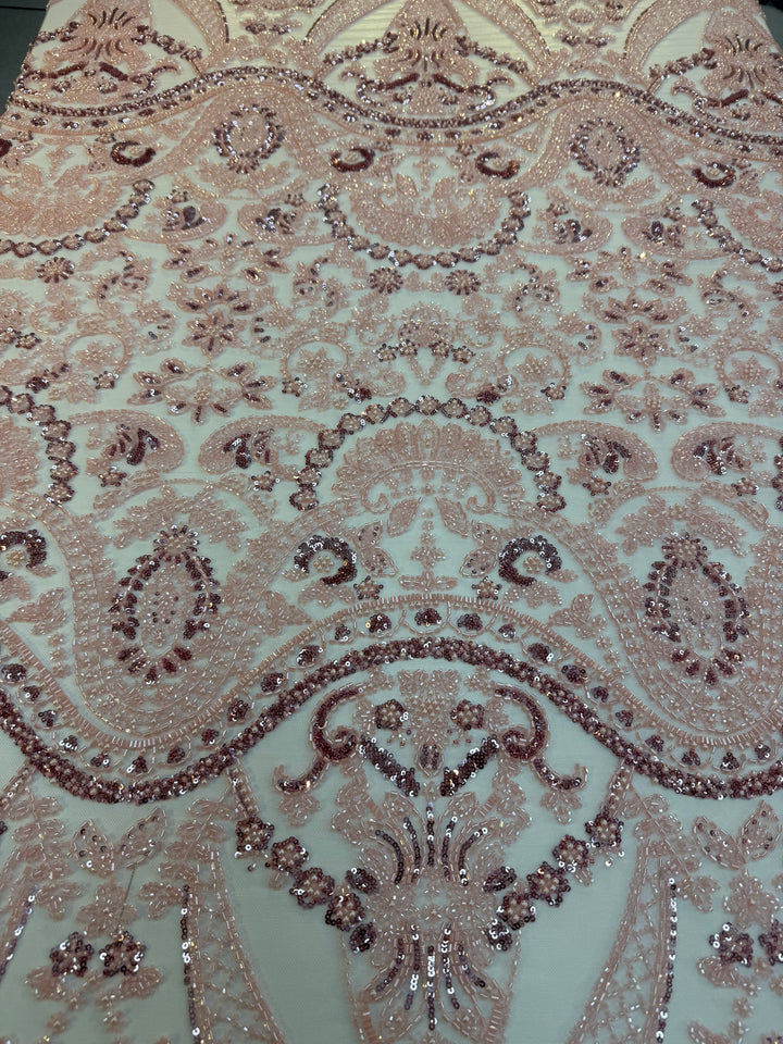 Luxury Light Pink Beaded & Sequin Embroidered Tulle Fabric – Haute Couture Bridal & Evening Wear