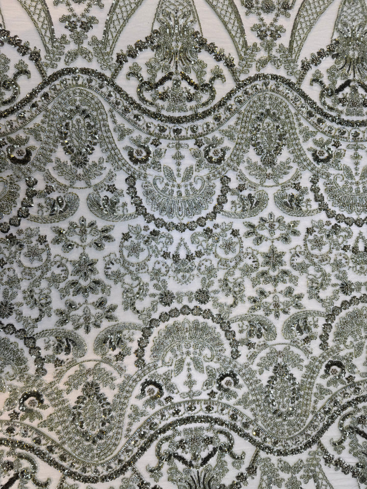 Luxury Green Sequin & Beaded Embroidered Fabric – Premium Haute Couture