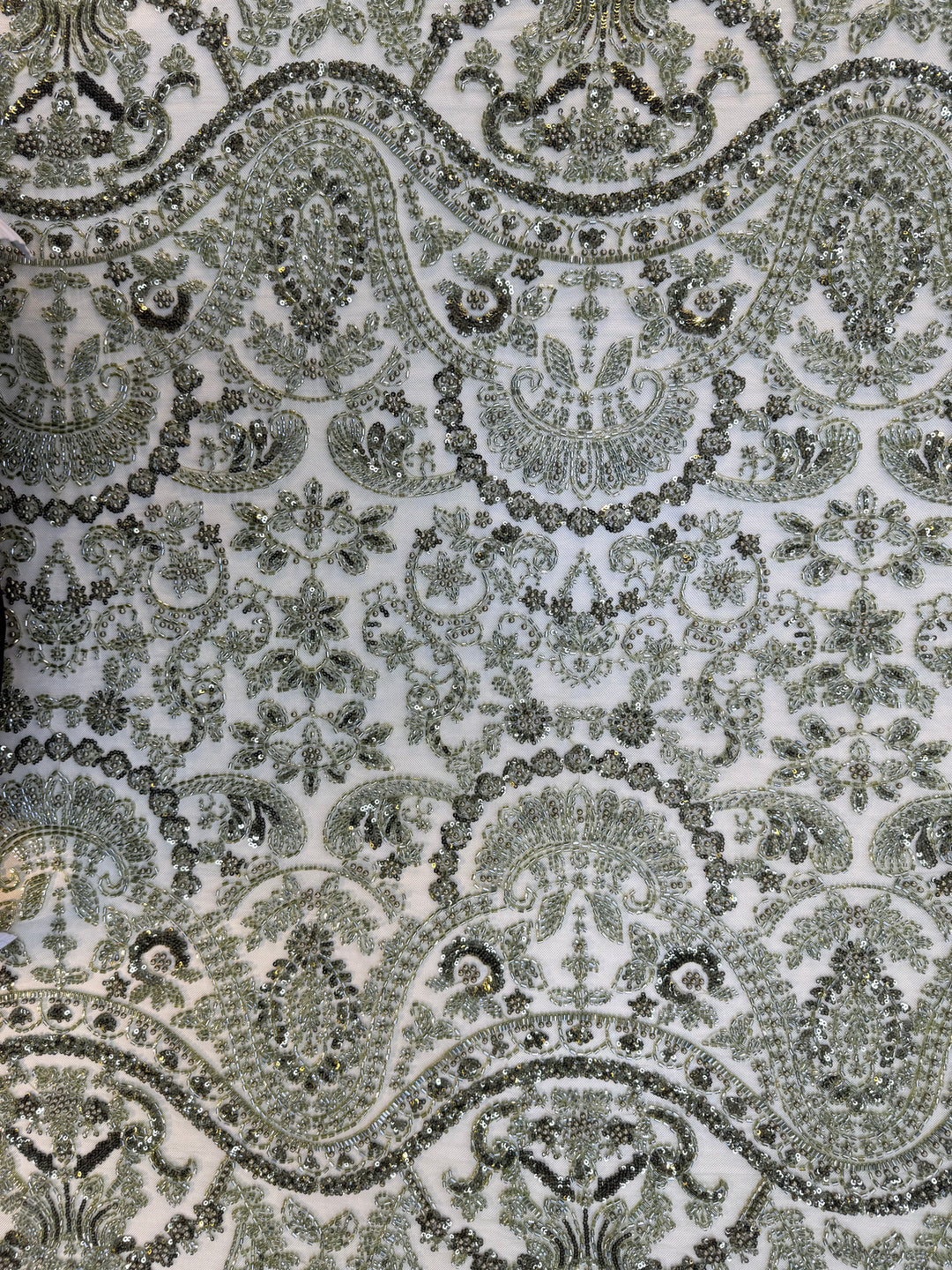 Luxury Green Sequin & Beaded Embroidered Fabric – Premium Haute Couture