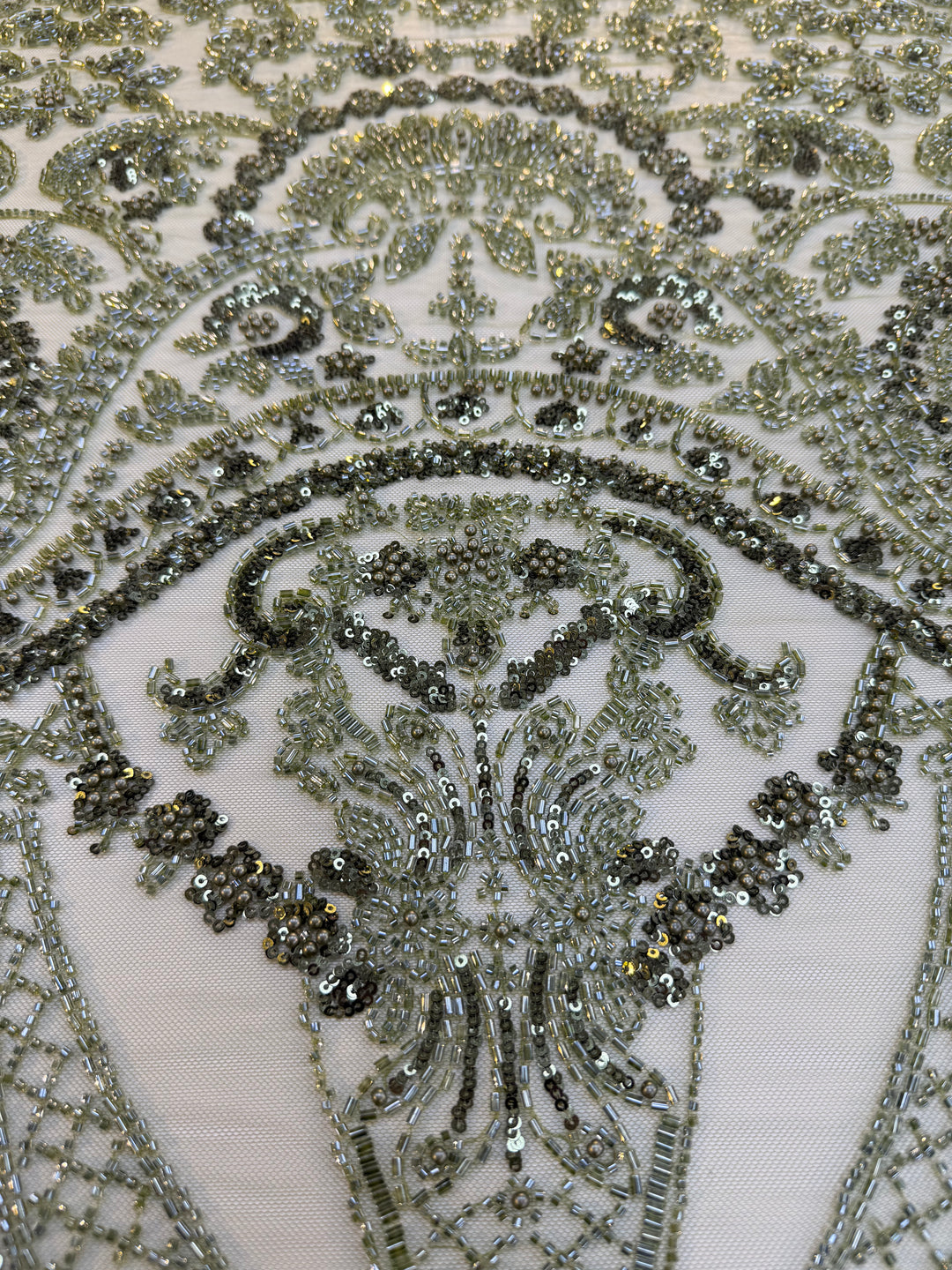 Luxury Green Sequin & Beaded Embroidered Fabric – Premium Haute Couture