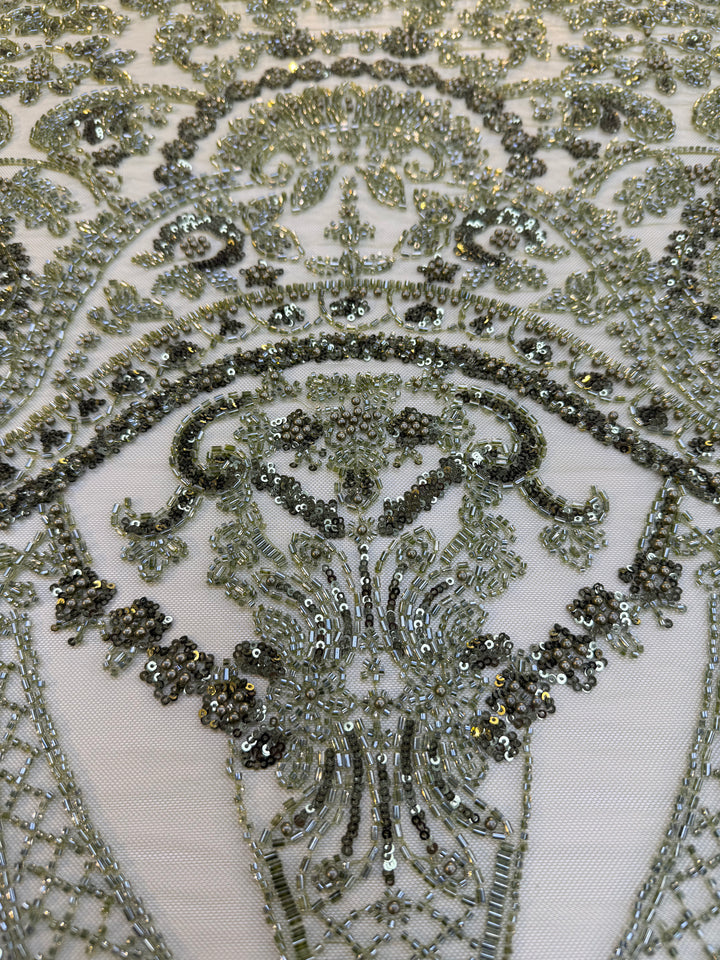 Luxury Green Sequin & Beaded Embroidered Fabric – Premium Haute Couture