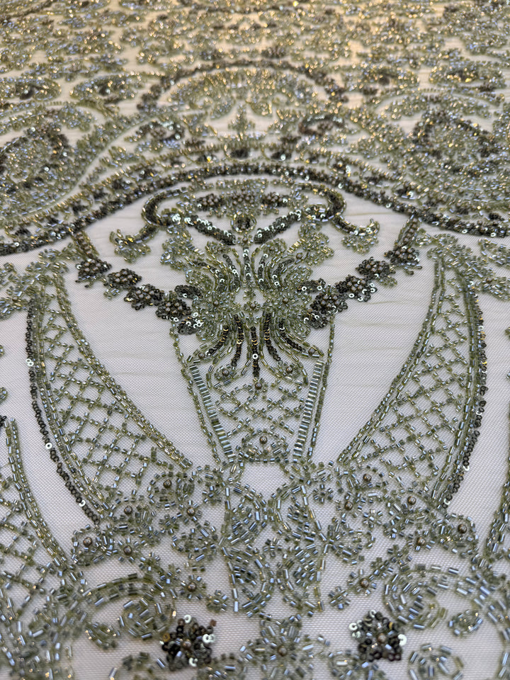Luxury Green Sequin & Beaded Embroidered Fabric – Premium Haute Couture