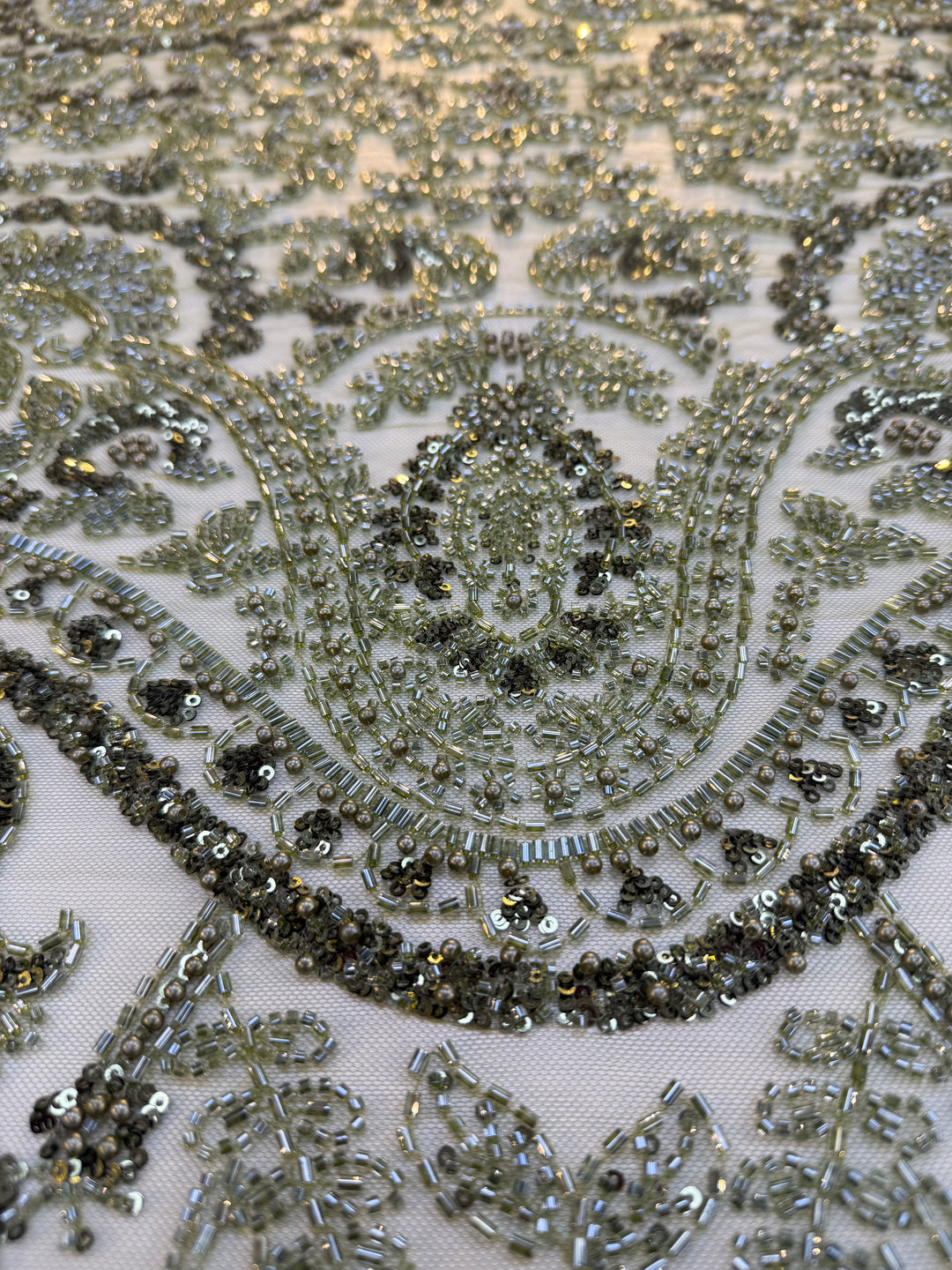 Luxury Green Sequin & Beaded Embroidered Fabric – Premium Haute Couture