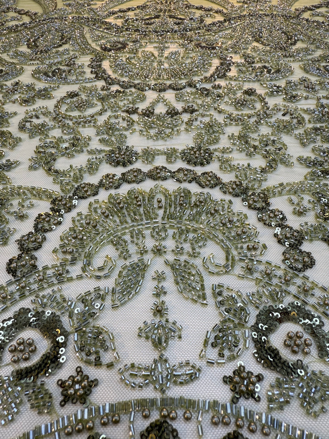 Luxury Green Sequin & Beaded Embroidered Fabric – Premium Haute Couture