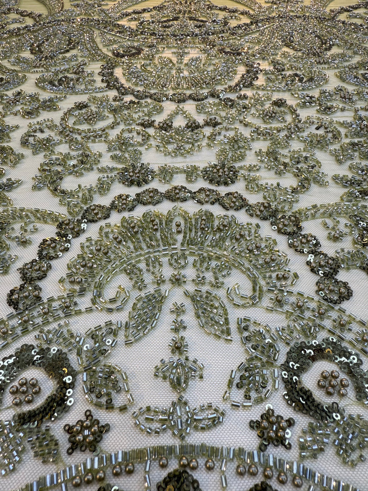Luxury Green Sequin & Beaded Embroidered Fabric – Premium Haute Couture