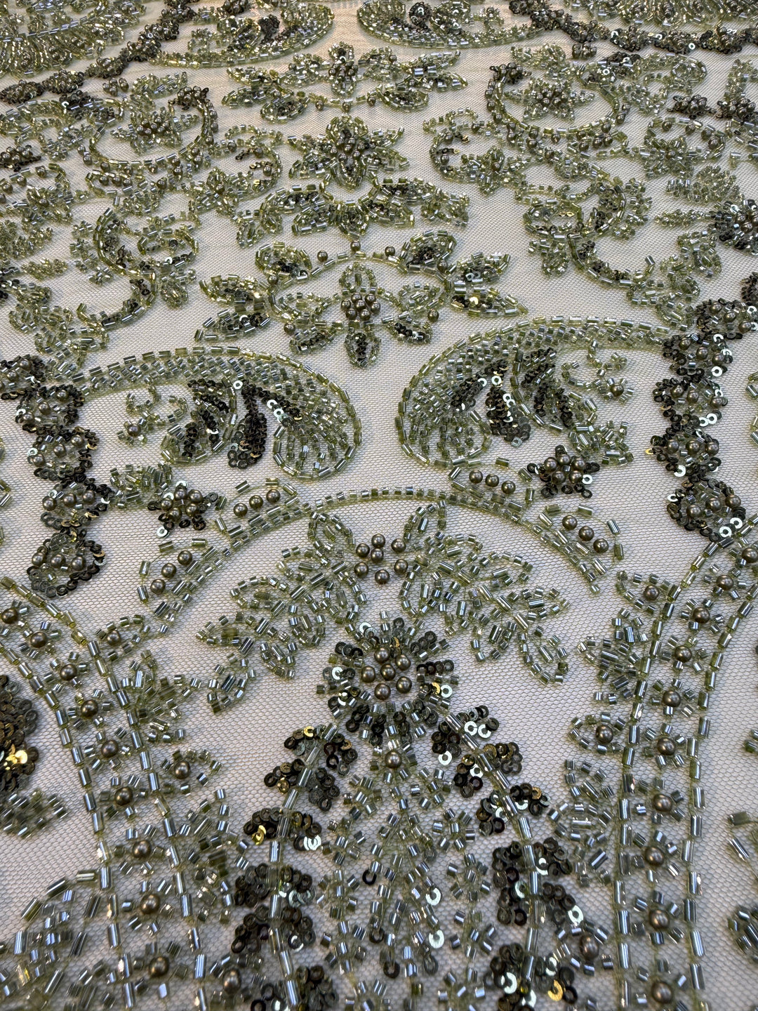 Luxury Green Sequin & Beaded Embroidered Fabric – Premium Haute Couture