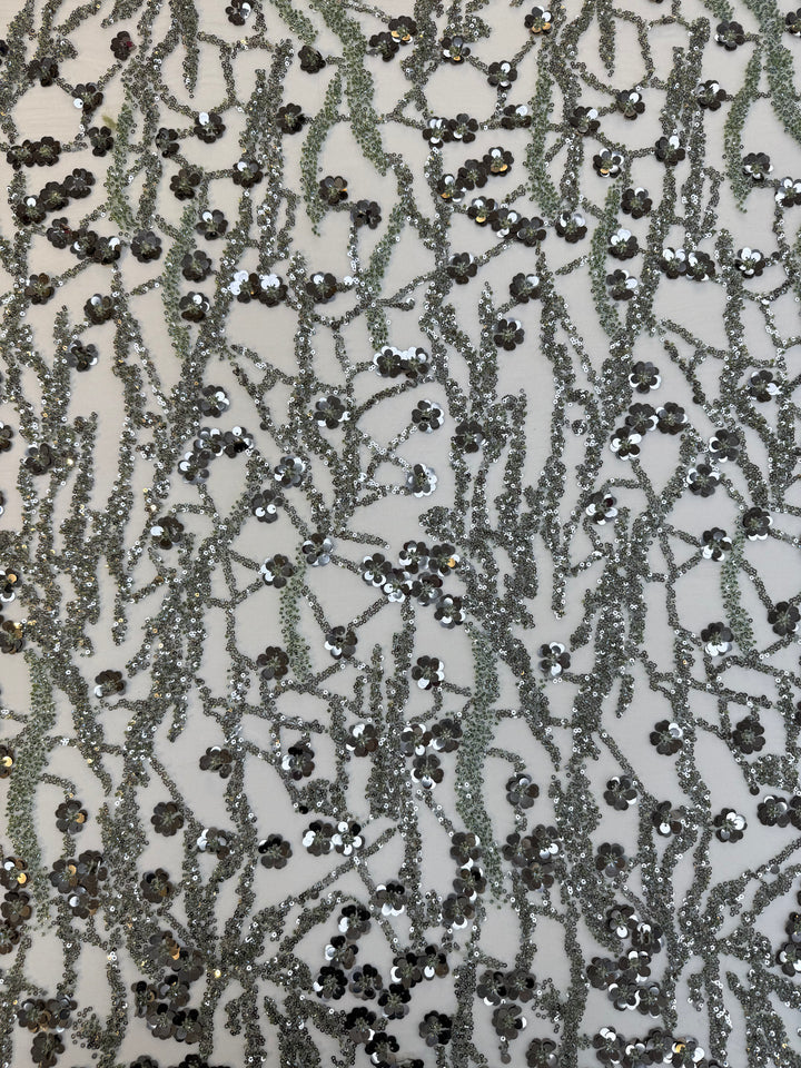 Luxury Olive Green Beaded & Sequin Embroidered Tulle Fabric – Haute Couture Evening Wear