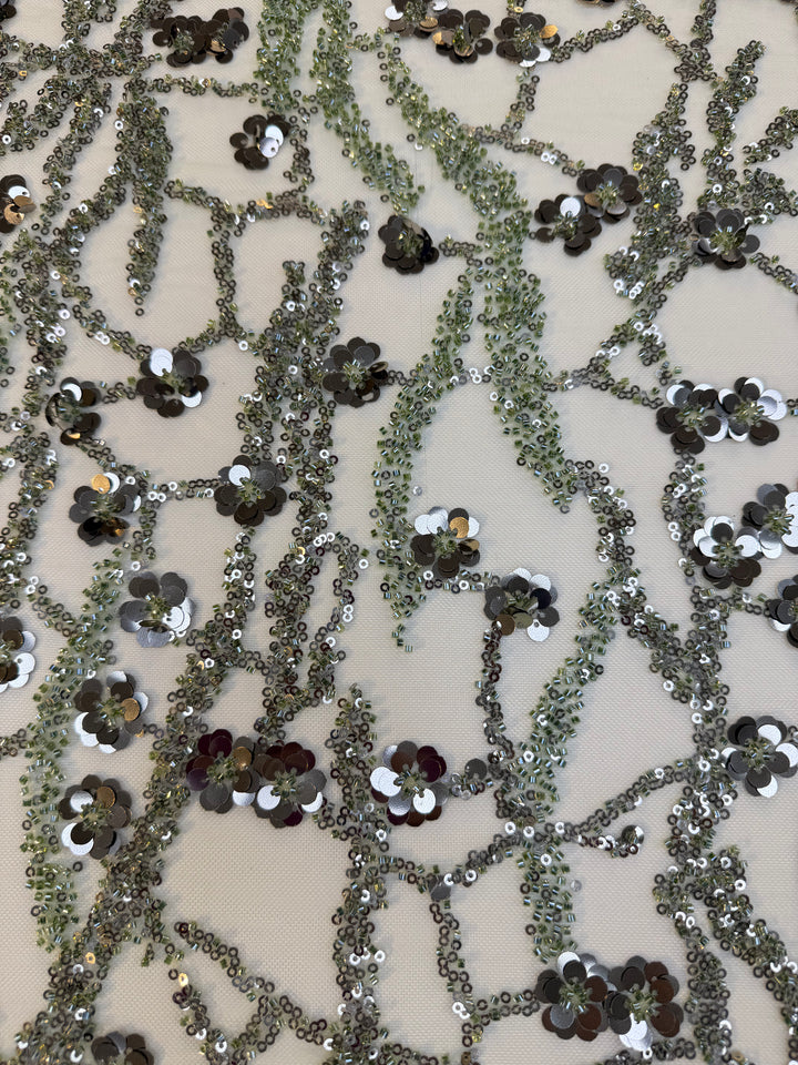 Luxury Olive Green Beaded & Sequin Embroidered Tulle Fabric – Haute Couture Evening Wear