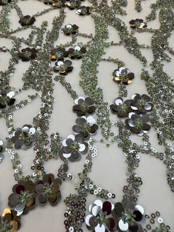 Luxury Olive Green Beaded & Sequin Embroidered Tulle Fabric – Haute Couture Evening Wear
