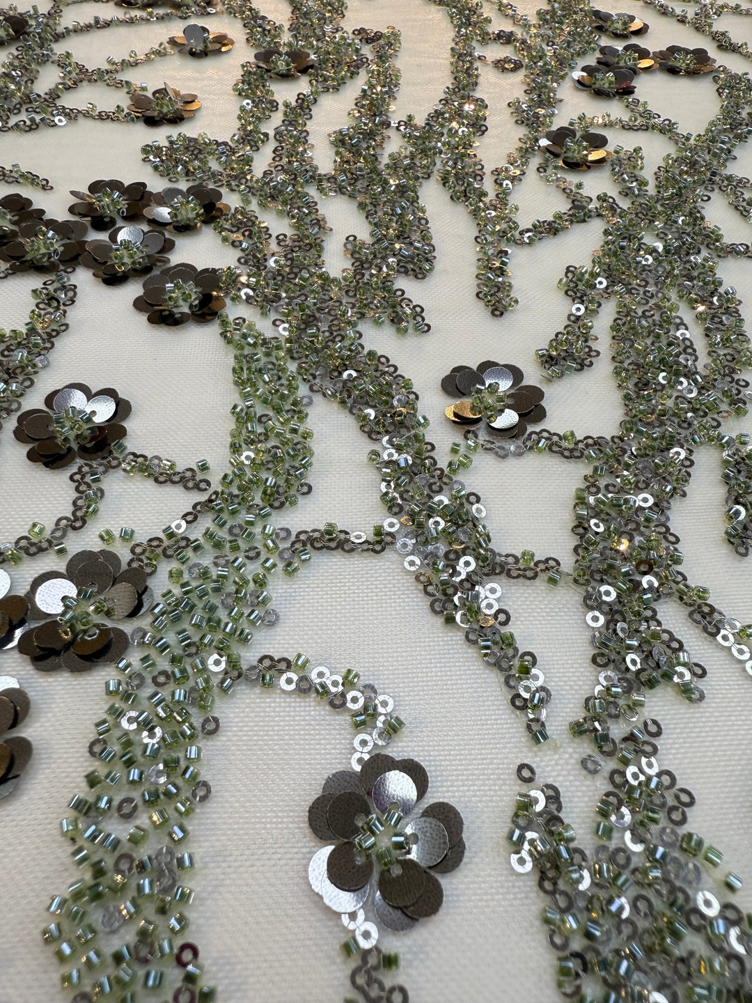 Luxury Olive Green Beaded & Sequin Embroidered Tulle Fabric – Haute Couture Evening Wear