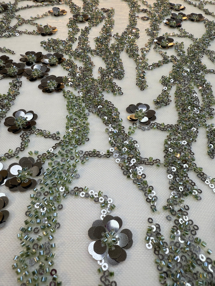Luxury Olive Green Beaded & Sequin Embroidered Tulle Fabric – Haute Couture Evening Wear