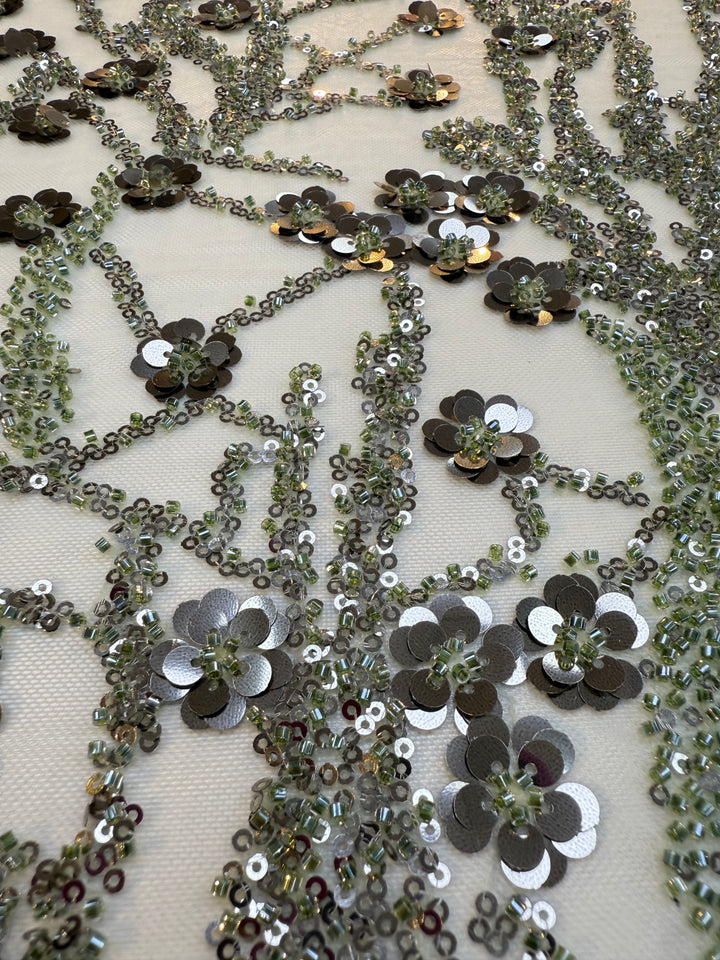 Luxury Olive Green Beaded & Sequin Embroidered Tulle Fabric – Haute Couture Evening Wear