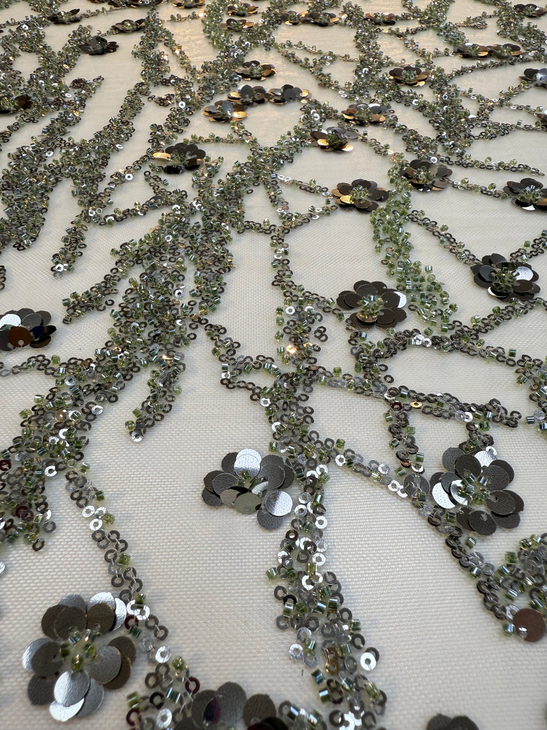 Luxury Olive Green Beaded & Sequin Embroidered Tulle Fabric – Haute Couture Evening Wear