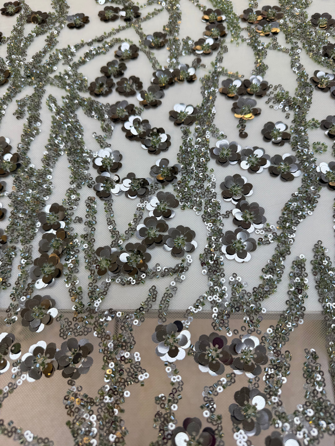Luxury Olive Green Beaded & Sequin Embroidered Tulle Fabric – Haute Couture Evening Wear