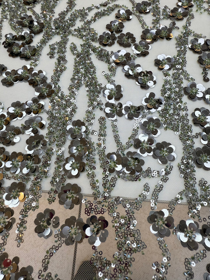 Luxury Olive Green Beaded & Sequin Embroidered Tulle Fabric – Haute Couture Evening Wear