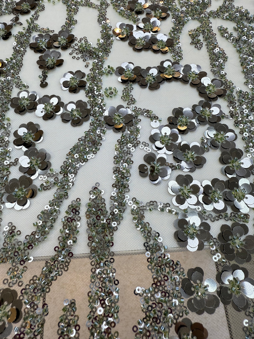Luxury Olive Green Beaded & Sequin Embroidered Tulle Fabric – Haute Couture Evening Wear