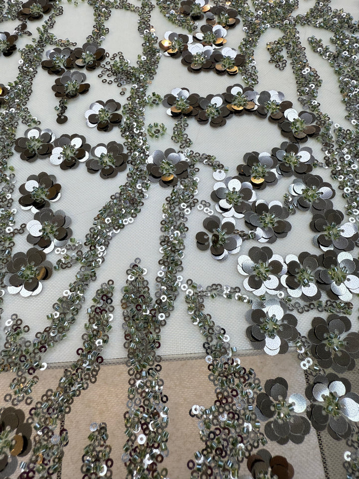 Luxury Olive Green Beaded & Sequin Embroidered Tulle Fabric – Haute Couture Evening Wear