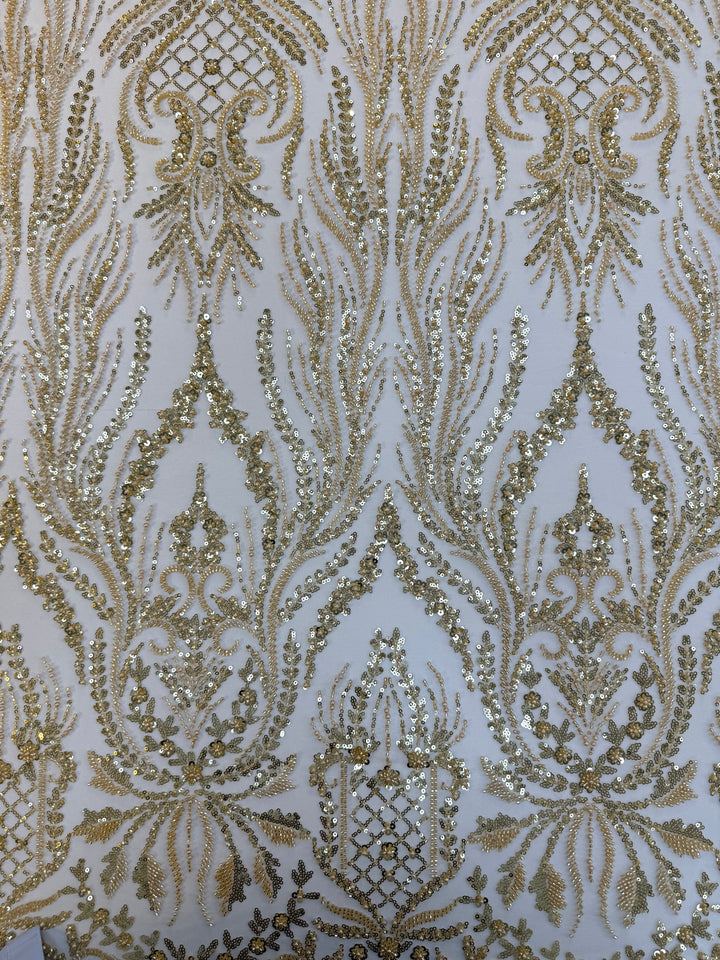 Luxury Gold Beaded & Sequin Embroidered Tulle Fabric