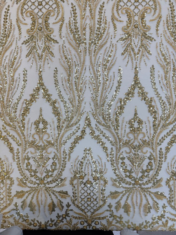 Luxury Gold Beaded & Sequin Embroidered Tulle Fabric
