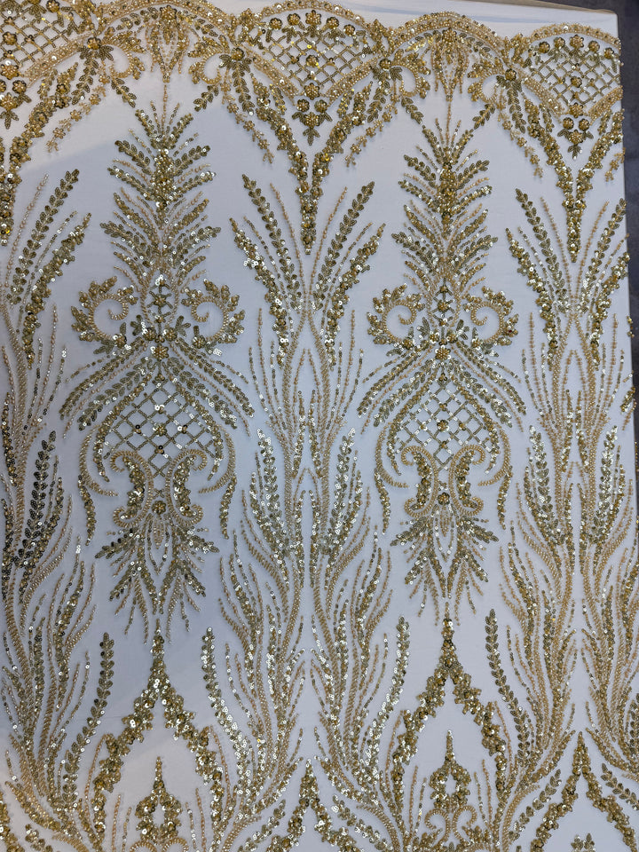 Luxury Gold Beaded & Sequin Embroidered Tulle Fabric