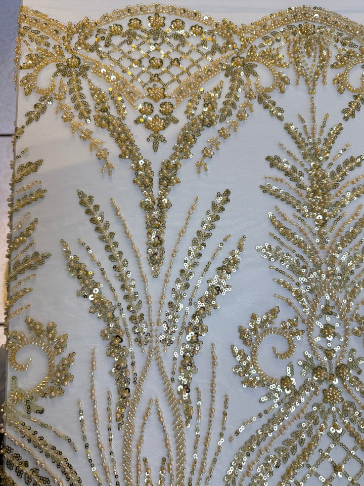 Luxury Gold Beaded & Sequin Embroidered Tulle Fabric