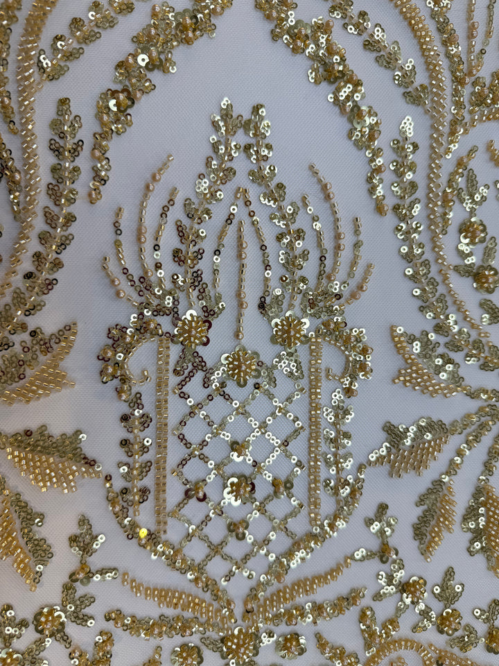 Luxury Gold Beaded & Sequin Embroidered Tulle Fabric