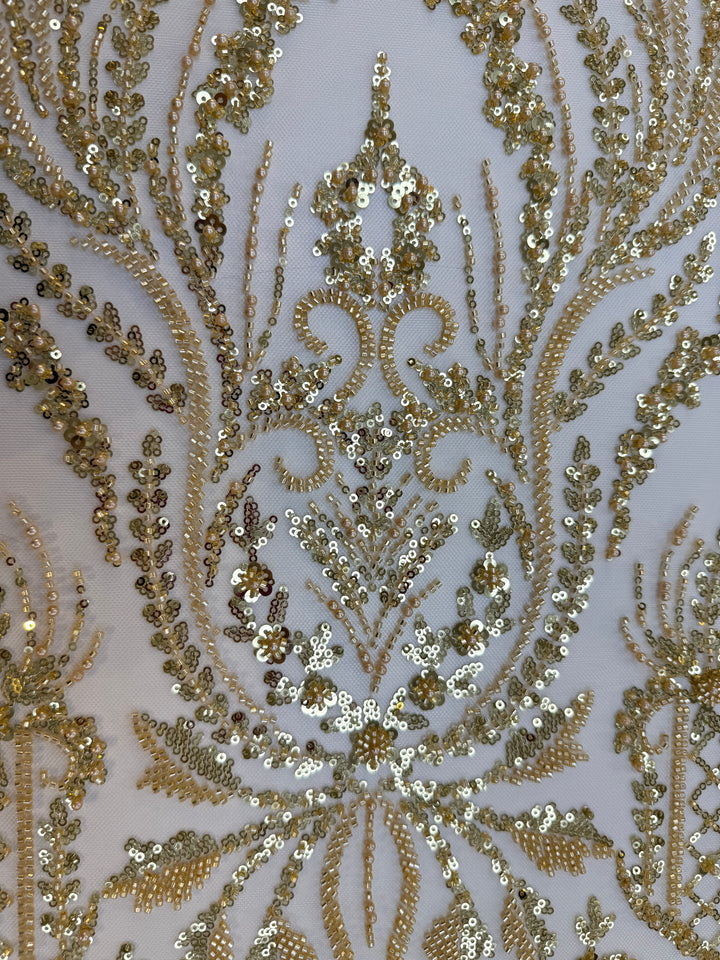 Luxury Gold Beaded & Sequin Embroidered Tulle Fabric