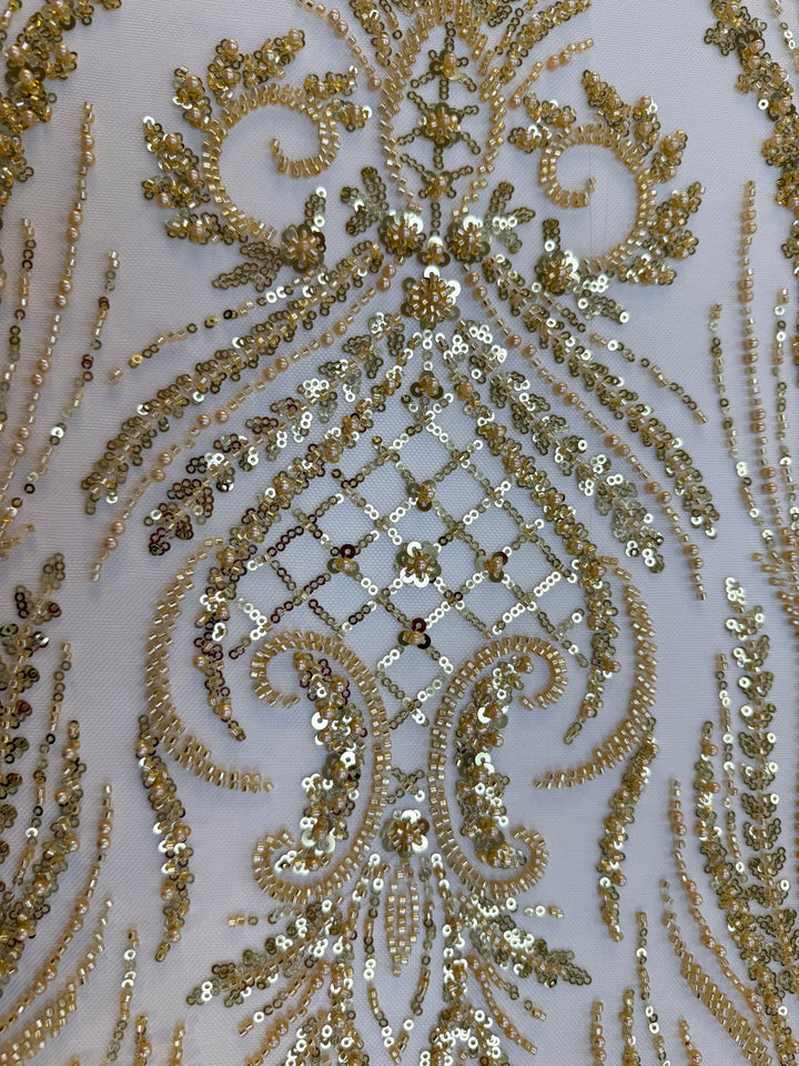 Luxury Gold Beaded & Sequin Embroidered Tulle Fabric