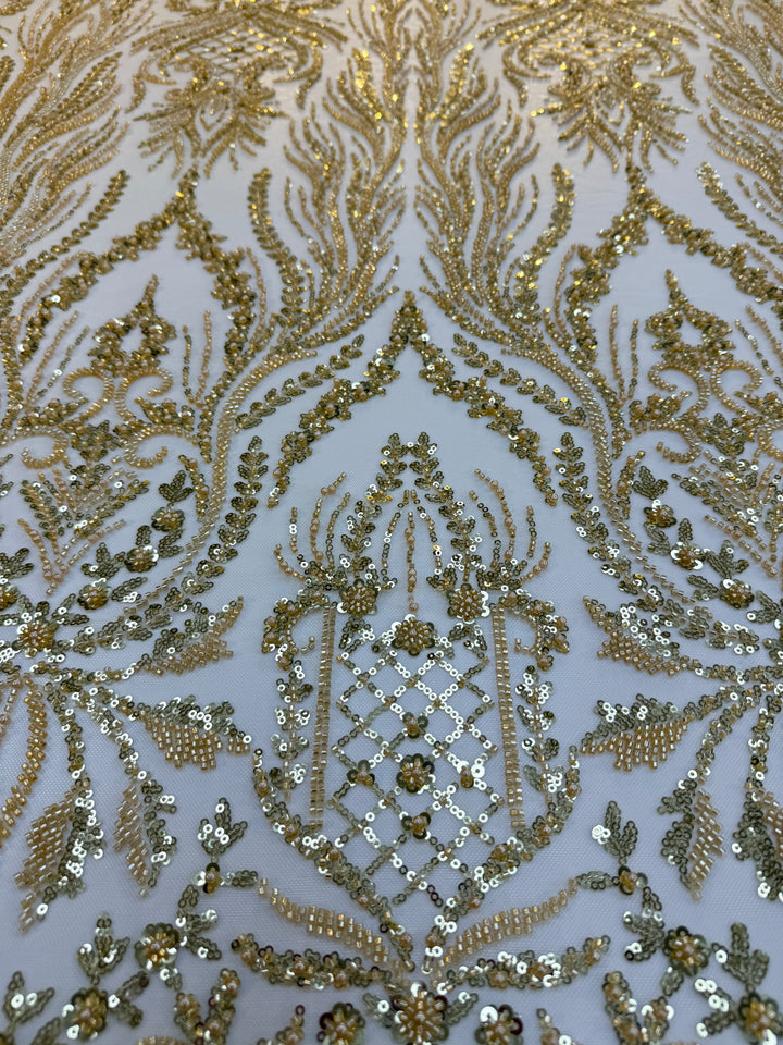 Luxury Gold Beaded & Sequin Embroidered Tulle Fabric