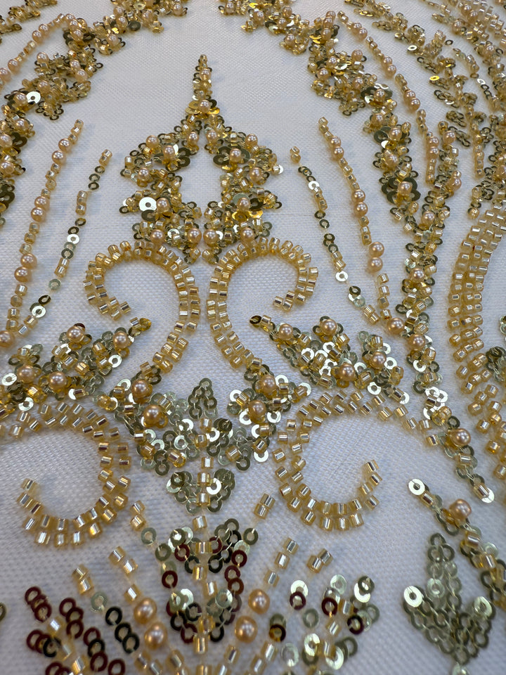 Luxury Gold Beaded & Sequin Embroidered Tulle Fabric