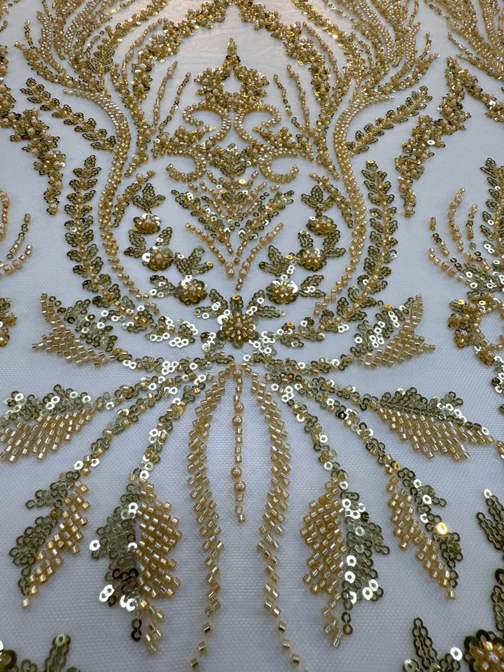 Luxury Gold Beaded & Sequin Embroidered Tulle Fabric