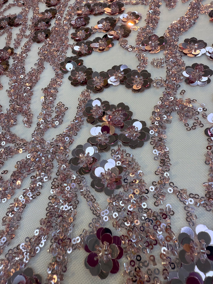 Luxury Dusty Rose Sequin Floral Embroidered Tulle – Couture Beaded Fabric